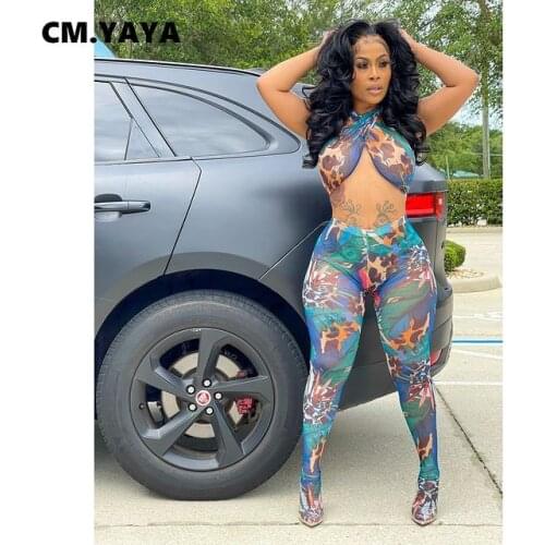 CM.YAYA Sexy Sweatsuit Leopard Womens Set Halter Neck Crop Tops and Legging Matching Two 2 Piece Set Active Tracksuit Outfits