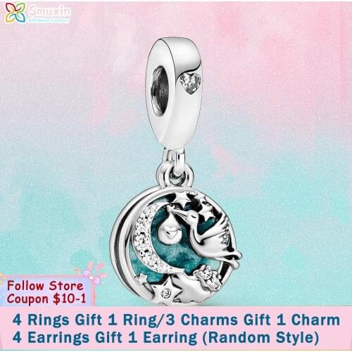 Smuxin S925 Sterling Silver Beads Stork & Twinkling Stars Dangle Charms fit Original Pandora Bracelets Women Jewelry Making Gift