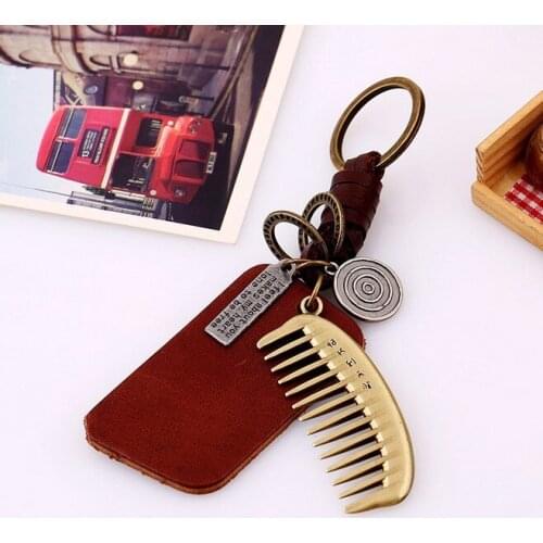 Alloy Vintage Comb Key Rings Braided Cowhide Key Chains Pendant Gift For Friends 5PCS