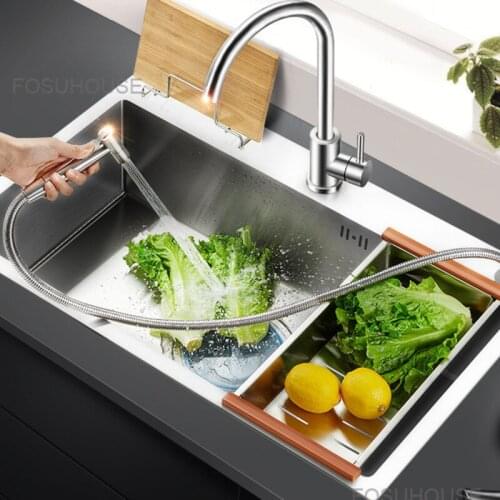 Spray Faucet Manual Kitchen Sink Single Sink Large Dish Washing Sink 304 Stainless Steel Sink Vegetable Washing Basin