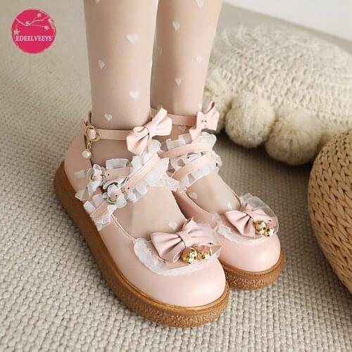 Japanese Sweet Lolita Flat Platform Round Toe Bowtie Buckle Lace Strappy Princess Shoes Girls Princess Cosplay Mary Janes Flats