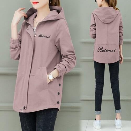 Spring Autumn Hooded Windbreaker Female Fashion Loose Ladies Outwear Back Letter Zipper Casual Thin Tops All-match Trench Coats