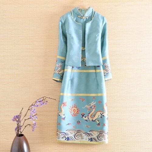 High-end Autumn Women 2 Pieces Set Vintage Jacquard coat Tops +Sleeveless Slim Dress Elegant Lady Dragon Suit female S-XXL