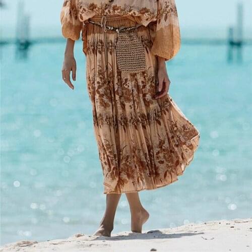 Happie Queens women floral peacock printed High Elastic Waist beach Bohemian skirt ladies Midi A-Line Boho skirt