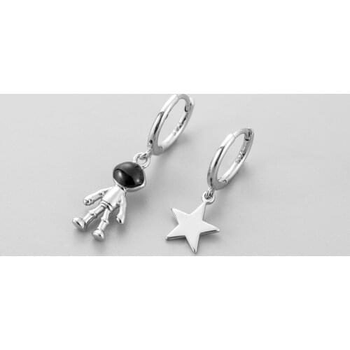 Fashion Jewelley Asymmetry 925 Sterling Silver Astronaut Star Bead Statement Stud Earrings For Women Pendientes eh532