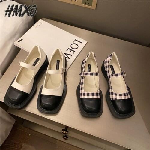 HMXO British College Round Toe Non-slip Jk Leather Shoes One-word Buckle Mary Jane Shoes Retro Plaid Color Matching Women Shoes