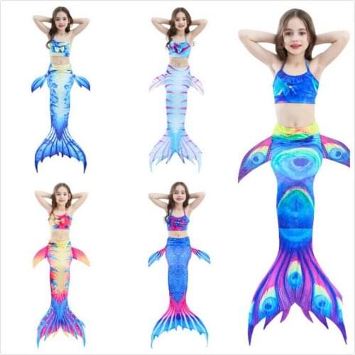 2-12Y Girls Mermaid Tail With Fin Princess Dress Bikini Set Split Two Piece Swimmable Bathing Suit Beachwear Girls Cosplay Cloth
