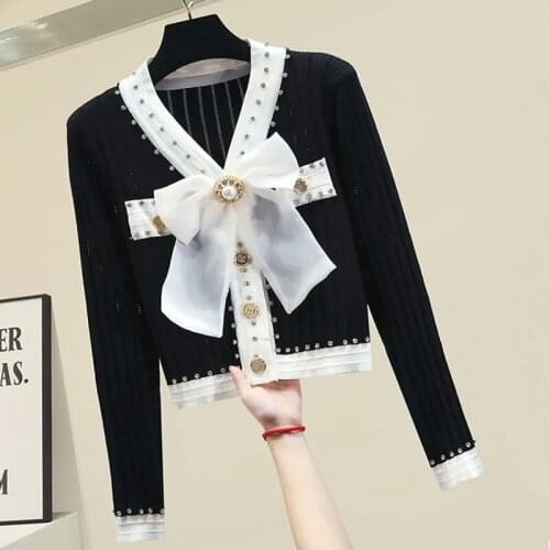 Womens New Retro French Short/Long-Sleeved V-Neck Studded Big Bow Slim Knit Sweater Women