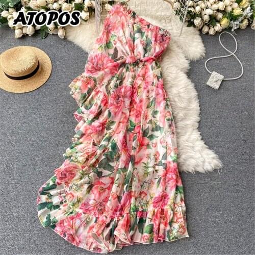 Floral Beach Holiday Women Dress Summer One Shoulder Ruffled Sleeve High Waist Elegant Long Dresses Female Clothes 2021 Atopos