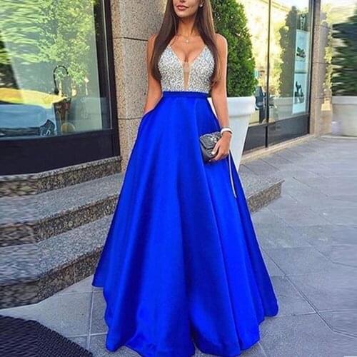 Ladies dress Pailletten spliced Party women V-ausschnitt blue A-line Elegant Chiffon dress Brautjungfer Abendessen Kleid