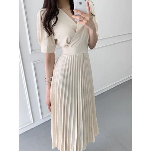 2021 Summer Fashion Pleated Dress Women Cross V-neck Slim Bandage Tunic Dress Ladies Casual Long Dress Robe femme