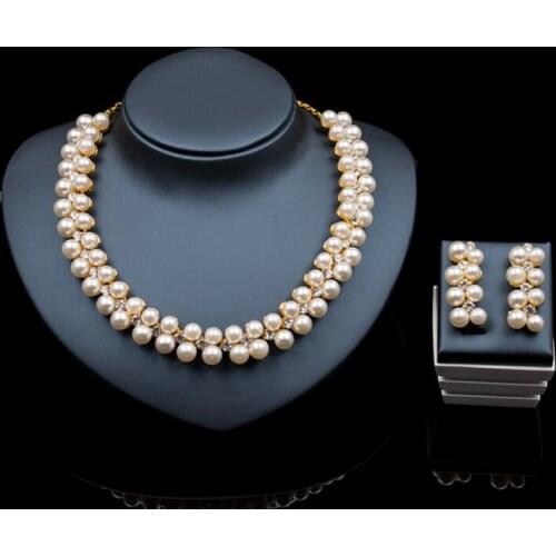 2 Row Simulated Pearl Jewelry Set Inlay CZ Zircon Womens Gorgeous Bridal Jewelry Gold Color Necklace Stud Earring Wholesale