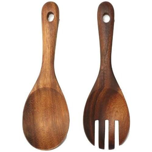 Wood 2pcs of Salad Hands(Spoon, Fork),Acacia Wood, Suitable for non-stick frying pan
