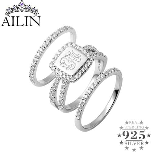 AILIN 3 Rings/Set Custom Made Intial Ring Women Silver 925 Wedding Customized Promise Ring 1-3 Letter CZ Perosnalized Jewelry