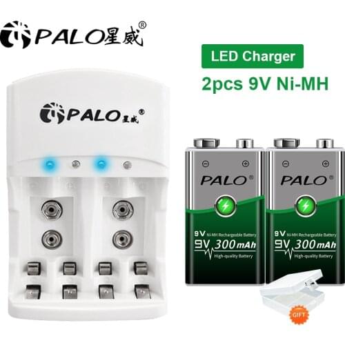 PALO 2pcs 9v rechargeable battery 300mAh 9V nimh battery 9 Volt Battery+ 9V battery charger for AA AAA 9V battery