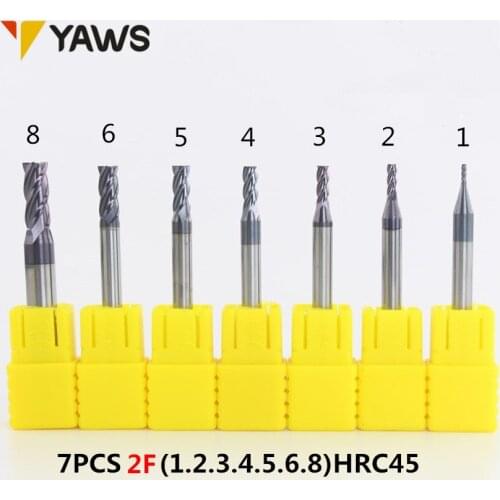 Free shipping 7pcs/set1 2 3 4 5 6 8mm 2017 New Yaws 2 Flutes Solid Carbide End Mill HRC45 ALTiN Coat, CNC Milling Cutter