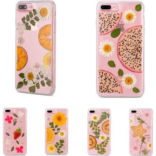 Handmade Pressed Dried Real Flower for iPhone 6 6S Plus 7 7 Plus 8 8 Plus X Pitaya Chrysanthemum Epoxy TPU Phone Case Cover
