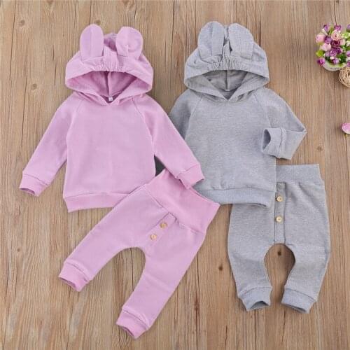 Baby Kids Cartoon 3d Ear Clothes Set Solid Long Sleeve Hoodie Sweatshirts Tops+pants Elastic Waist Casual Outfits Boy Girl 0-2y