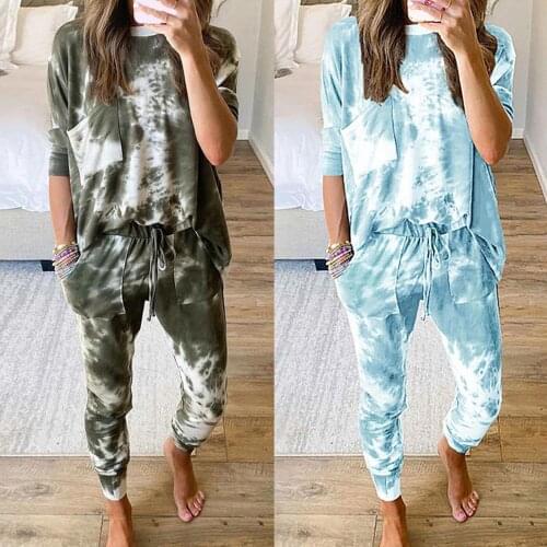Womens Pajamas Fashion Tie-dyed Printed Sportswear Suit Casual Homewear Set Long Sleeve Sweatshirt Trousers Female Clothing