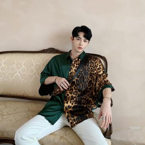 Hairdressers short sleeve summer patchwork mens shirt five-sleeve decoration nightclub loose shirt youth leopard print