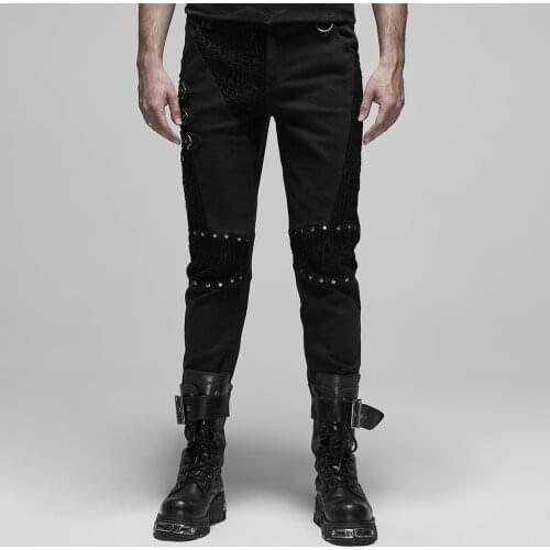 PUNK RAVE Mens Punk Rave Classic Pants Punk Twill Fabric Mesh Splice Simple Style Pencil Trousers