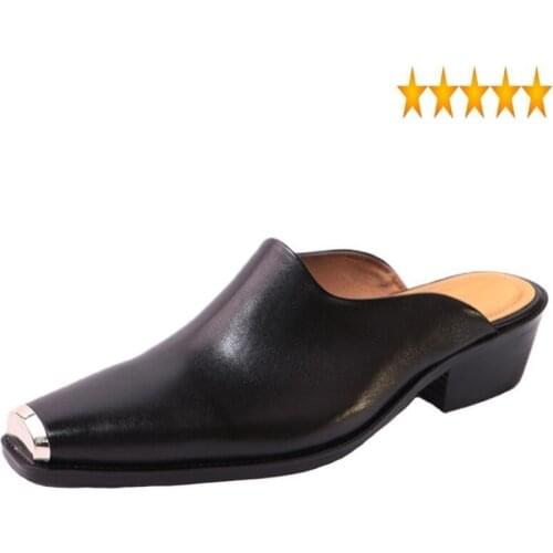 Mens Slides Classic Genuine Mules Leather Shoes Square Toe Sandals Vintage Slip-On Thick Heel Roman Sandal Men 37-46 Plus Size