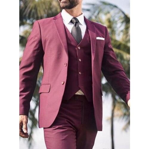 2019 Burgundy Wedding Men Suits Notched Lapel Casual Style Blazer Jacket Pants Vest Tailored Made Male Suits Three Pieces