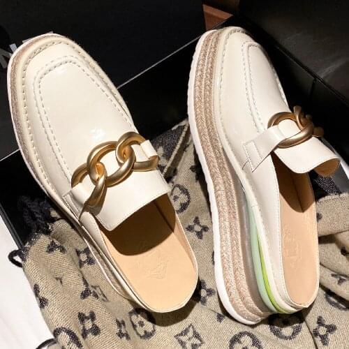 Womens genuine leather thick sole platform flats mules hemp decoration spring new casual female punk footwear daily shoes women