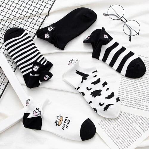 Cartoon Striped Print Cotton Socks Cute Embroidery Cow Casual Ankle Socks Happy Funny Breathable Shallow Mouth Soxs 5Pairs/Bag