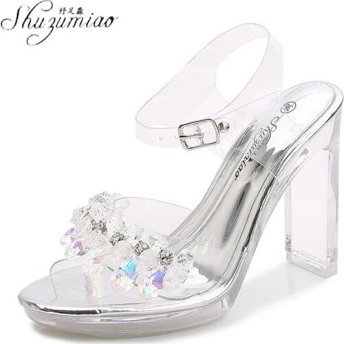 SHUZUMIAO New Sandals Female Summer high-heeled Sandals Fish Mouth Shoes Sexy With Olatform Rhinestone Roman Womens Shoes
