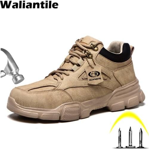 Waliantile PU Leather Work Safety Boots Shoes For Men Anti-smashing steel Toe Cap Working boots Men Indestructible Safety Shoes