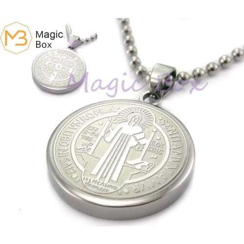 Stainless Steel Necklace Lords Prayer and Cross Medal Hanging Pendant Mens Arabian Round 70mm Free Chain