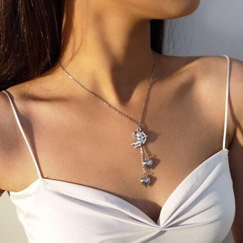 Vintage Temperament Angel Cupid Love Heart Pendant Necklace for Women Simple Chains Geometric Clavicle Necklaces Jewelry Gift