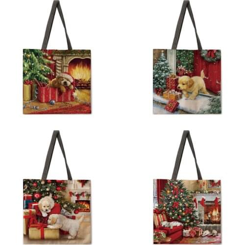 Shoulder bag ladies dog and Christmas tree print casual tote bag linen fabric tote bag foldable shopping bag reusable beach bag