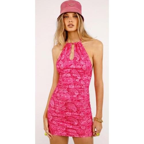 Casual Women Dress Close-fitting Backless Dress Rosy Floral Printed Pattern Halter Neck Sleeveless Mini Dress