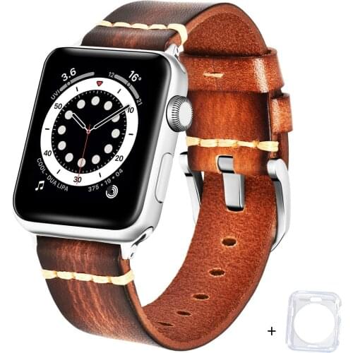 BEAFIRY Compatible with Apple Watch Band 38mm 40mm 42mm 44mm Brush off Leather Watch Strap for IWATCH Series 6/5/4/3/2/1 Brown