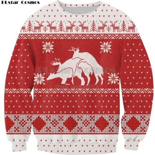 PLstar Cosmos Merry Bucking Christmas Crewneck Sweatshirt Christmas elk gift 3d Print Men Women Casual Long Sleeve Outerwear