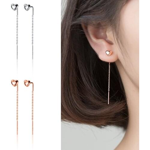 Trustdavis Real 925 Sterling Silver Stud Earring Little Heart Linked 4.5cm Stick For Women Creative Fashion Jewelry Gift DA1684