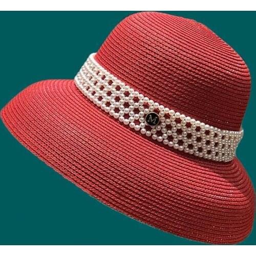 Sun Hats Women Summer Spring Wide Brim Band Belt Pearl Straw Hats Handmade Outdoor Beach Sun Protective Luxury Women Hats