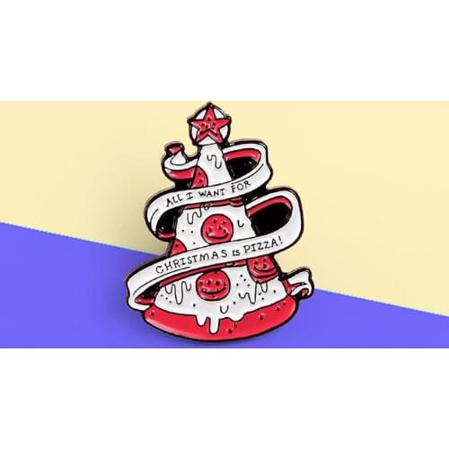 Funny Pizza Christmas Tree Pins Enamel Brooch ‘All I Want For Christmas Is Pizza’Ribbon Brooches Lapel Bag Badge Cartoon Jewelry