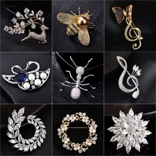 Simple Crystal Zircons Brooches For Women Swan Flower Deer Brooch Pin Costume Scarf Decoration Insect Animal Christmas Jewelry