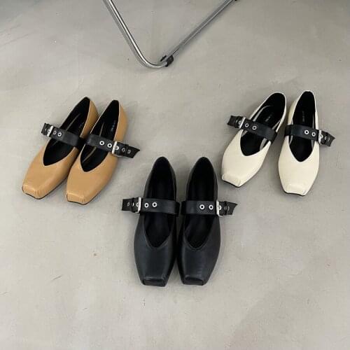 Bailamos Womens Shoes Square Toe Single Shoes New Fashion Thick Heel Retro Rivet Casual Shoes Flat Shoes