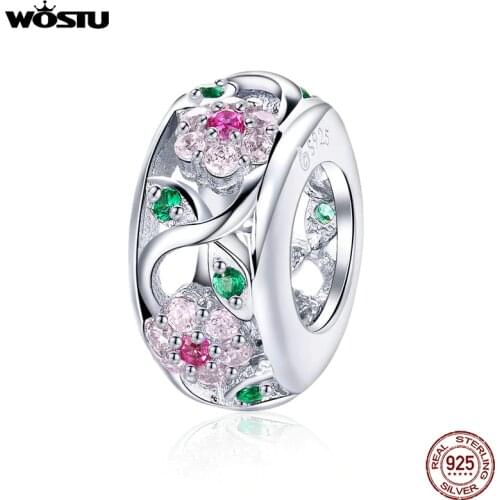WOSTU 925 Sterling Silver Flower Beads Pink Zircon Round Charms Fit DIY Bracelet For Women Luxury Silver 925 Jewelry C039