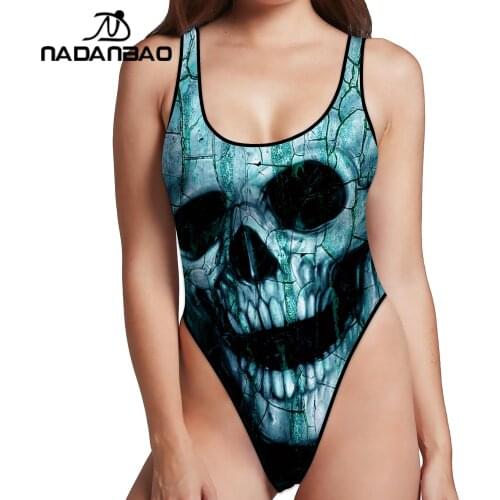 NADANBAO Halloween Skull Women Print Bathing Suit Bodysuit Swimwear Surfing Swimming Beachwear