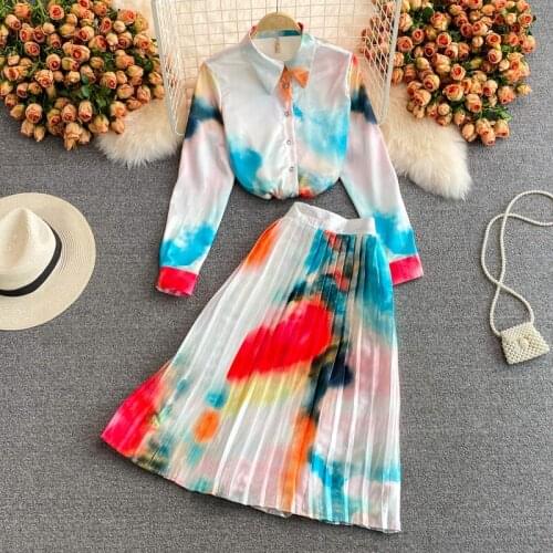 Single Breasted Tie-Dye Printed Shirt Two Piece Suit Spring Autumn Pleated Skirt Mid-Length Elegant Women Set Outfits zh1389