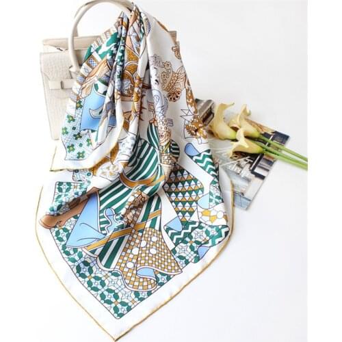 POBING 100% Real Twill Silk Scarf Women Knights Duel Print Square Scarves Wraps Hand Rolled Foulards Femme Bandana Hijabs 90CM
