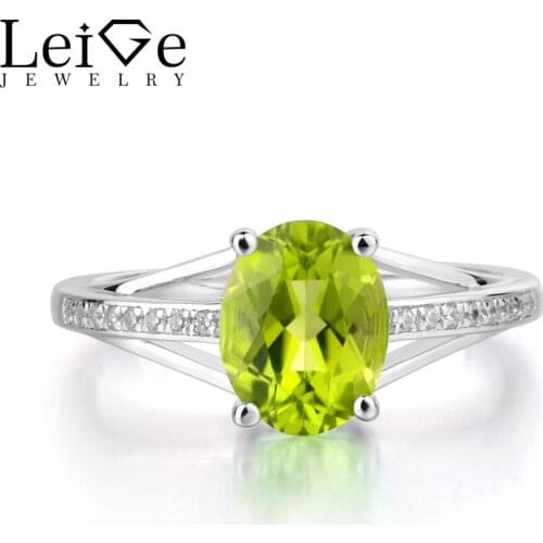 Leige Jewelry Natural Peridot Ring Oval Cut Gemstone Birthstone Wedding Engagement Ring 925 Sterling Silver Ring Jewelry for Her