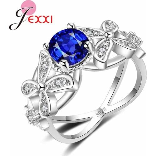 Women Cross Flower Ring Paved Round Crystal 925 Sterling Silver Jewelry for Women Party Red/Blue/Green/White Zircon