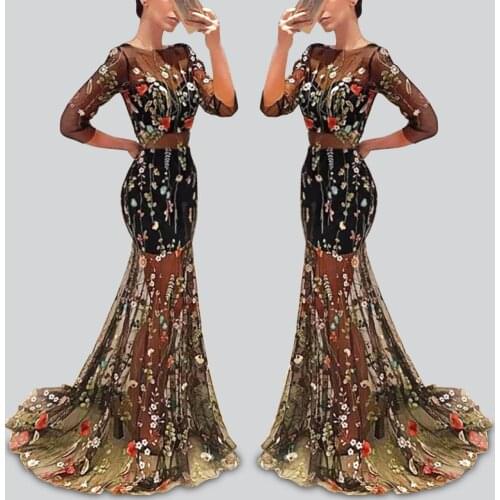 Women Sexy Mid-sleeve Large Swing Embroidered Bodycon Cocktail Party Maxi Dress