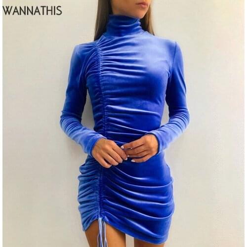 WannaThis Velvet Womens Dress Long Sleeve Autumn Ruched Drawstring Sexy Casual Streetwear Clubwear Elegant Party Dress Women
